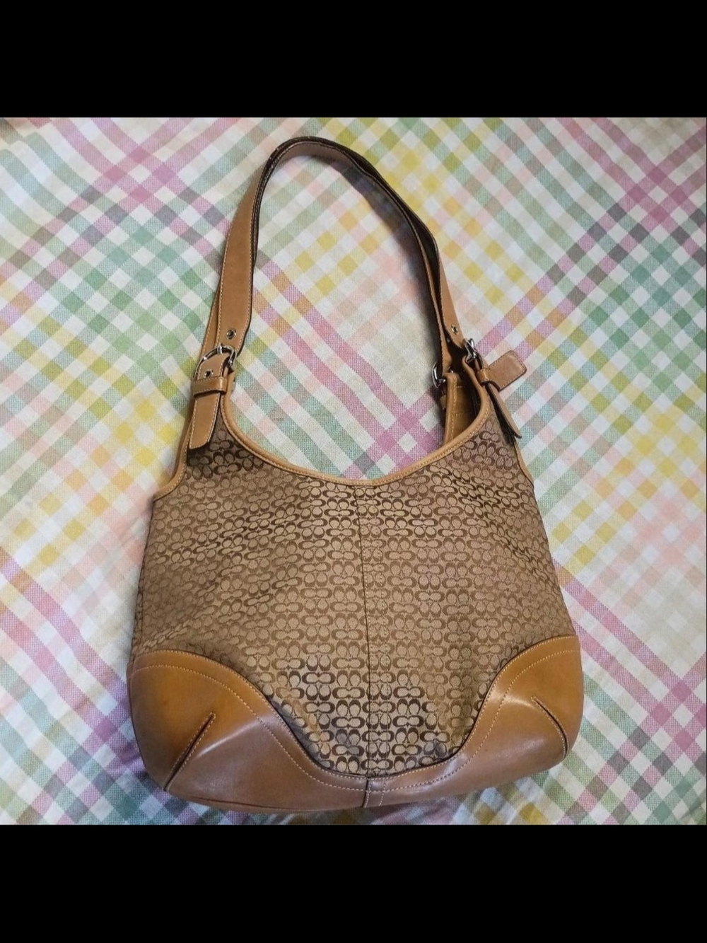 Coach Brown Signature Canvas Hobo Shoulder Bag with Tan Leather Trim